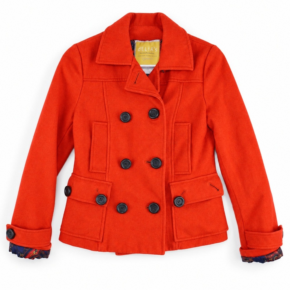 Delias Limited Collection Orange Double Breasted Pea Coat Paisley Lining Y2k